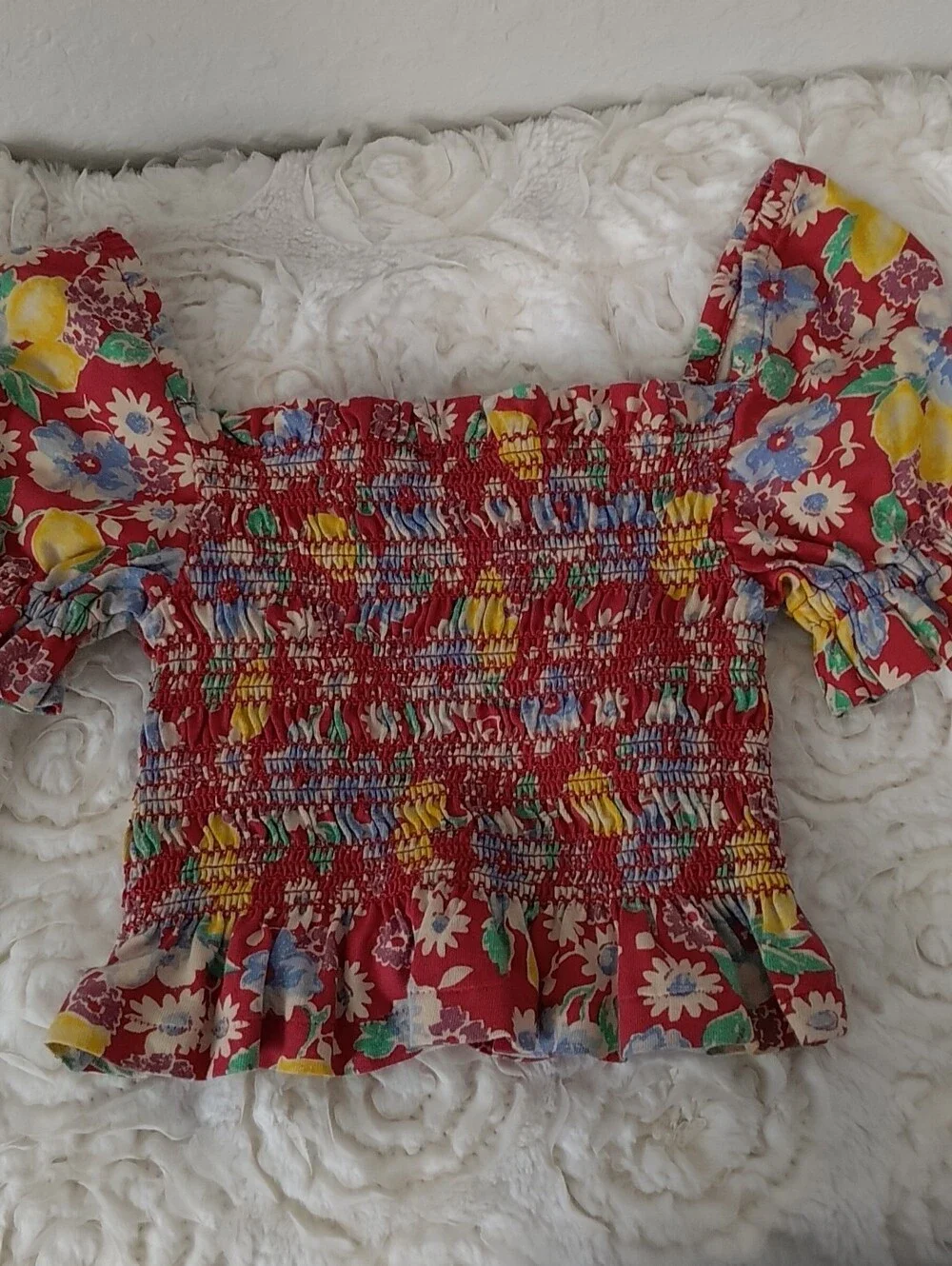 Ralph Lauren Red Floral Smocked Puff Sleeve Top